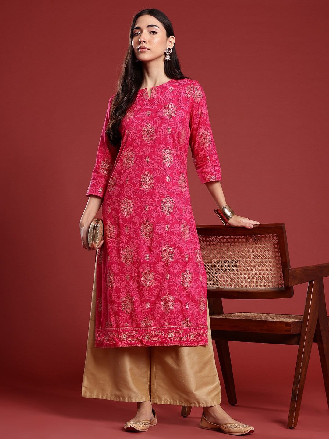 

Anouk Ethnic Motifs Print Pure Cotton Straight Kurta, Pink