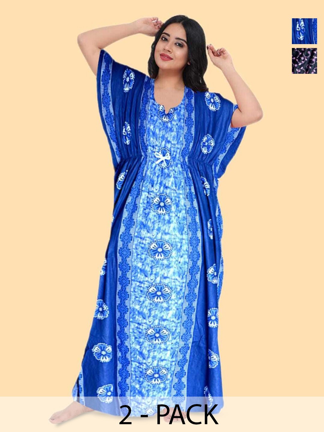 

PR PINK ROYAL Women Pack Of 2 Pure Cotton Printed Maxi Nightdress, Blue