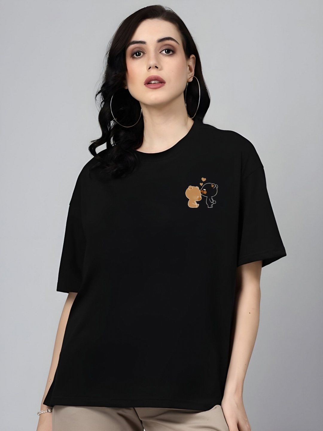 

DressBerry Women Graphic Printed Round Neck Cotton Oversized T-shirt, Black