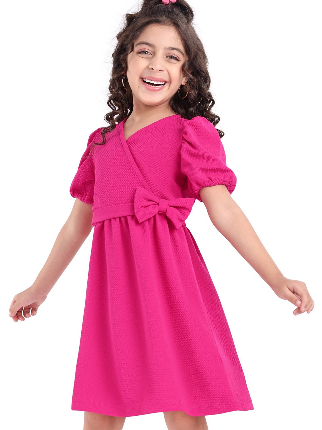 

Hola Bonita Girls Floral Print V-Neck Puff Sleeves A-Line Dress with Bow, Fuchsia