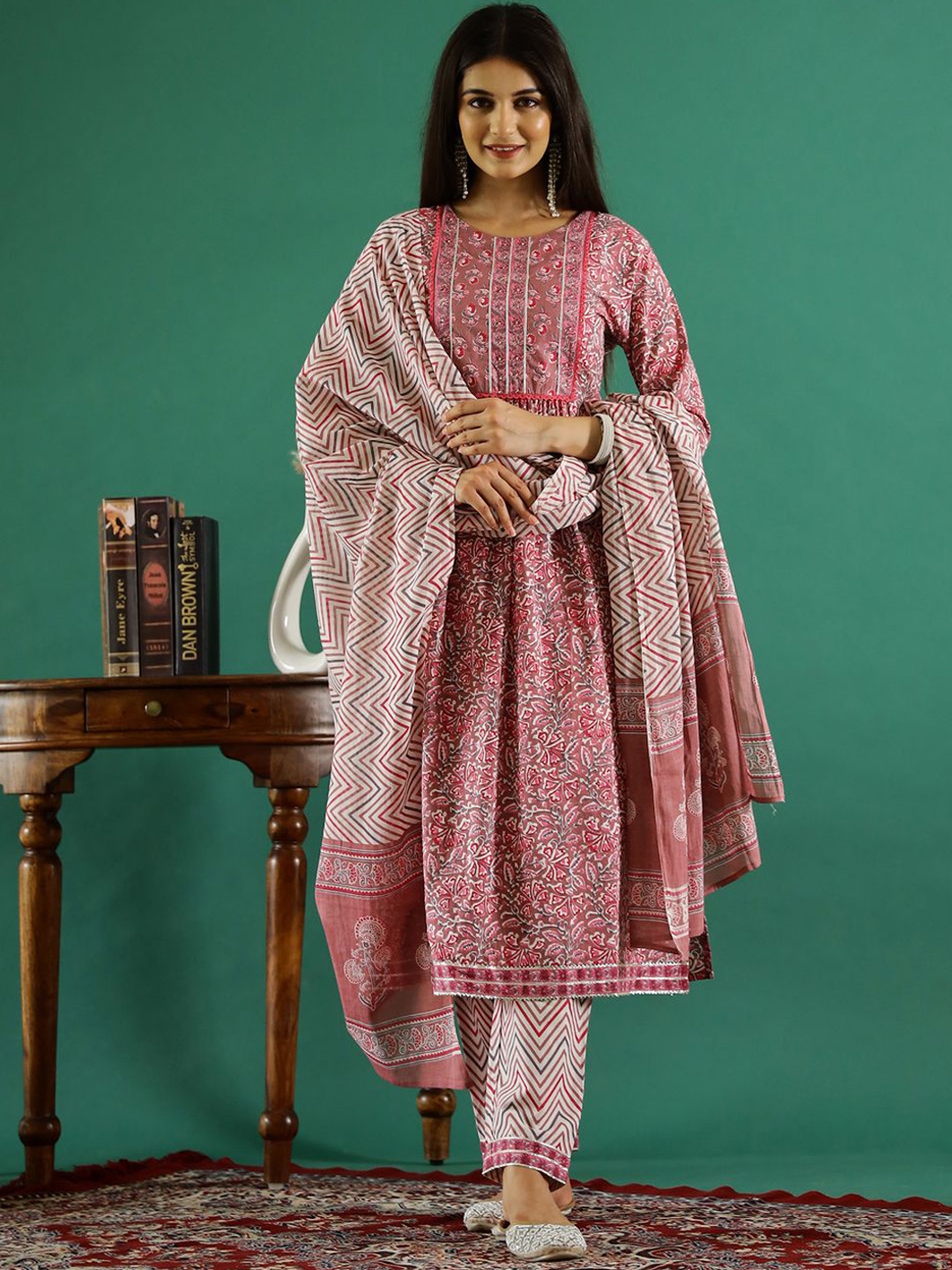 

Sangria Floral Printed Round Neck Pure Cotton A-Line Kurta With Trouser And Dupatta, Pink