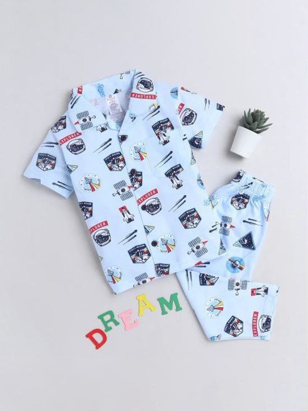

ULTRINA Girls Printed Lapel Collar Shirt With Pyjama, Blue