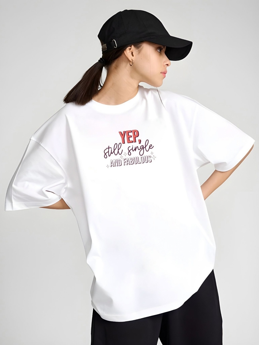 

SZN Women Typography Printed Round Neck Cotton Oversized T-shirt, White