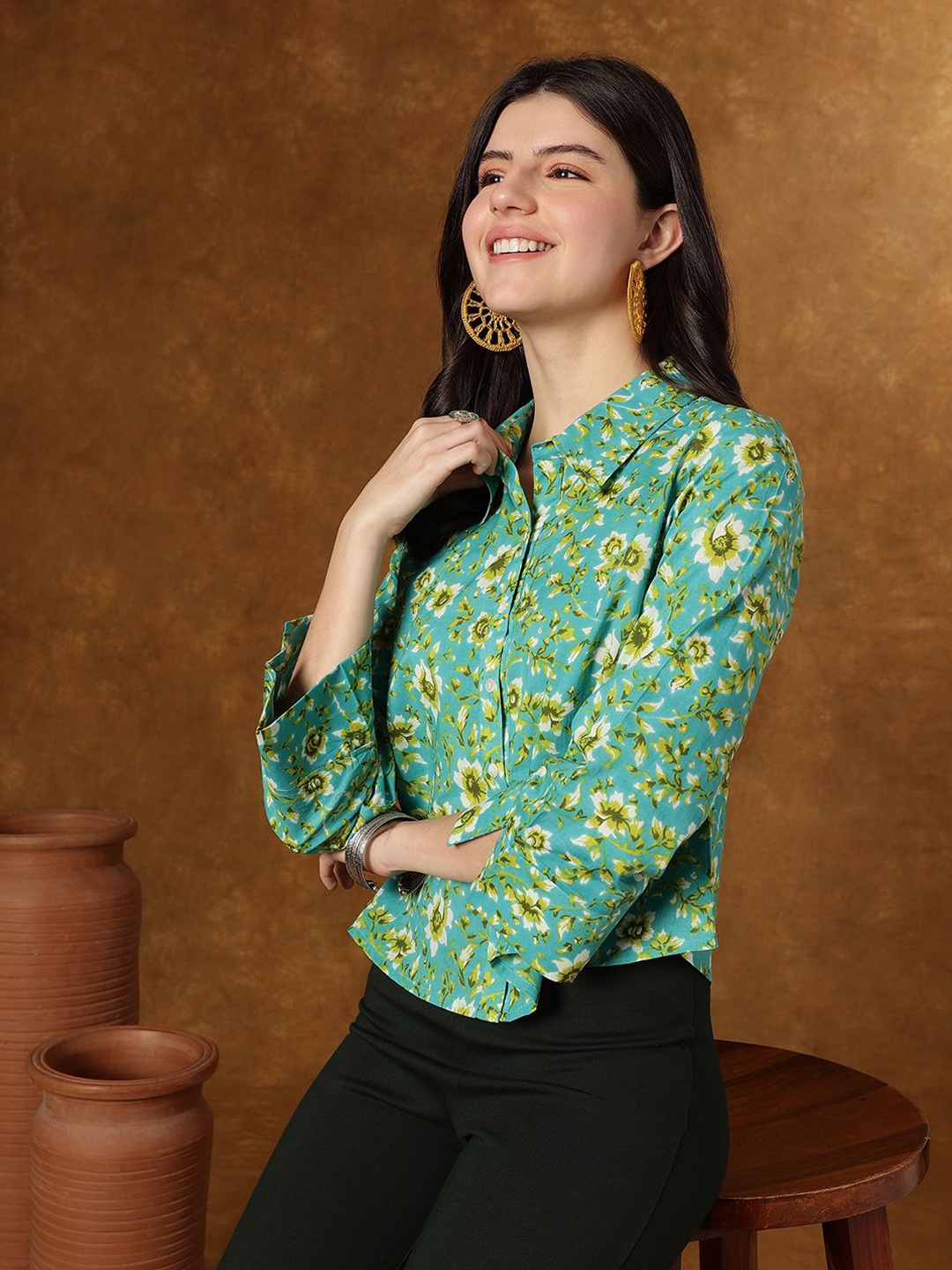 

JANAKDULARI CREATION Floral Print Cotton Shirt Style Crop Top, Sea green