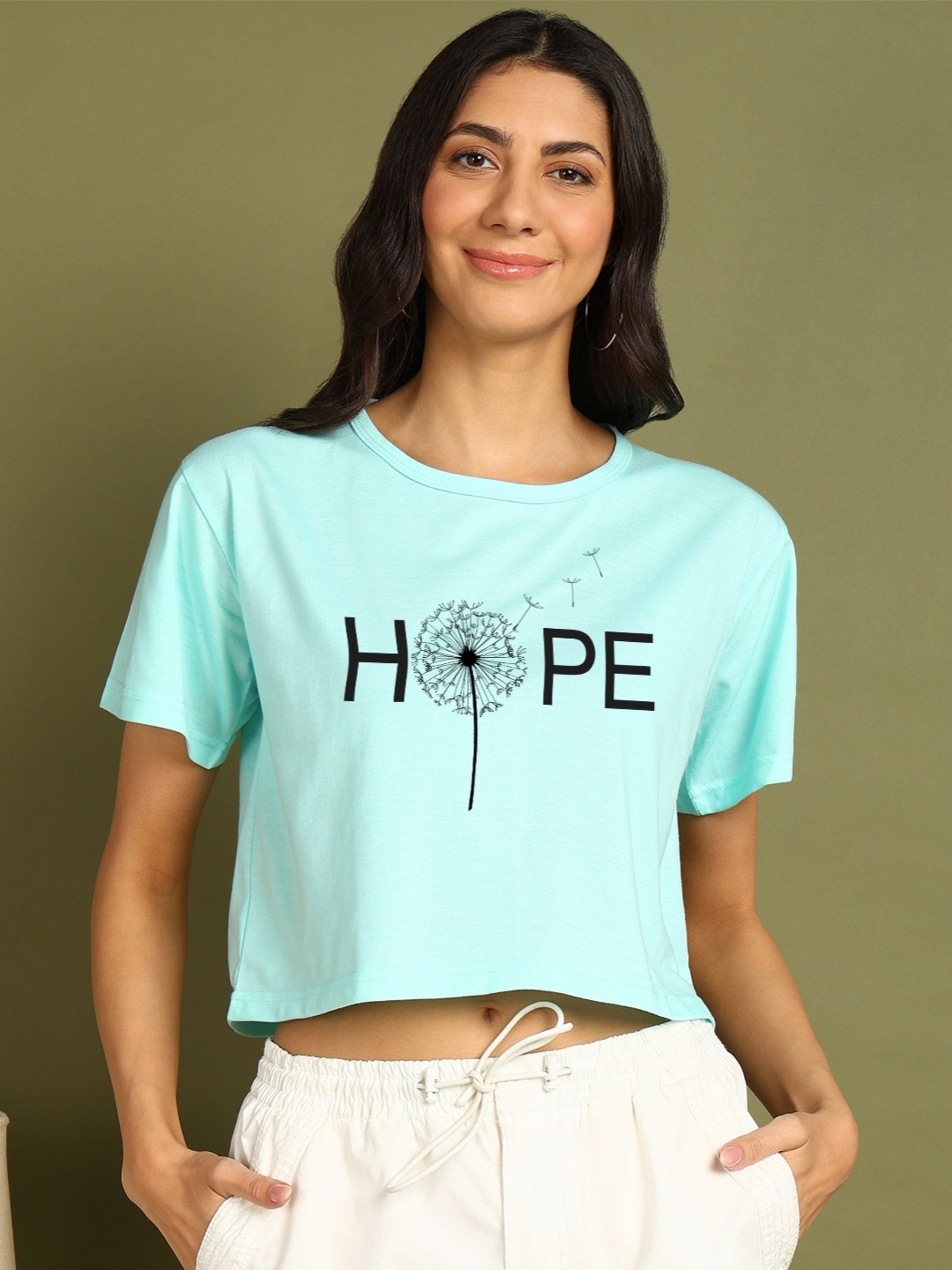 

CHOZI Women Printed Drop-Shoulder Sleeves Bio Finish Applique T-shirt, Turquoise blue