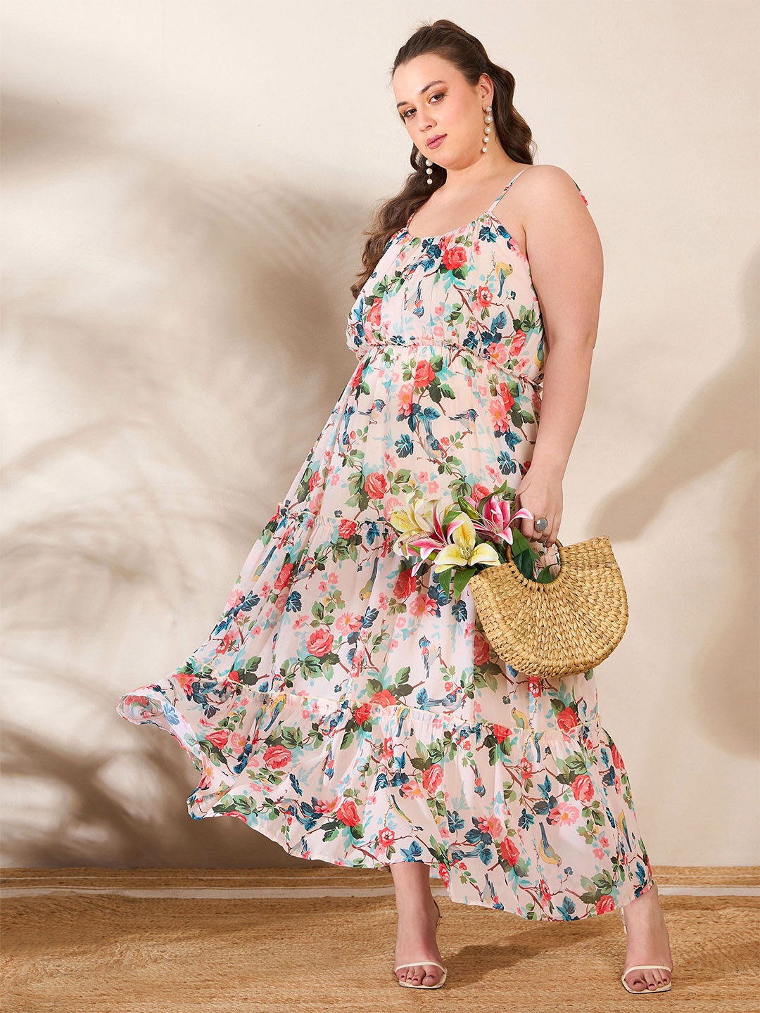 

SASSAFRAS Curve Women Floral Print Maxi Dress, Beige