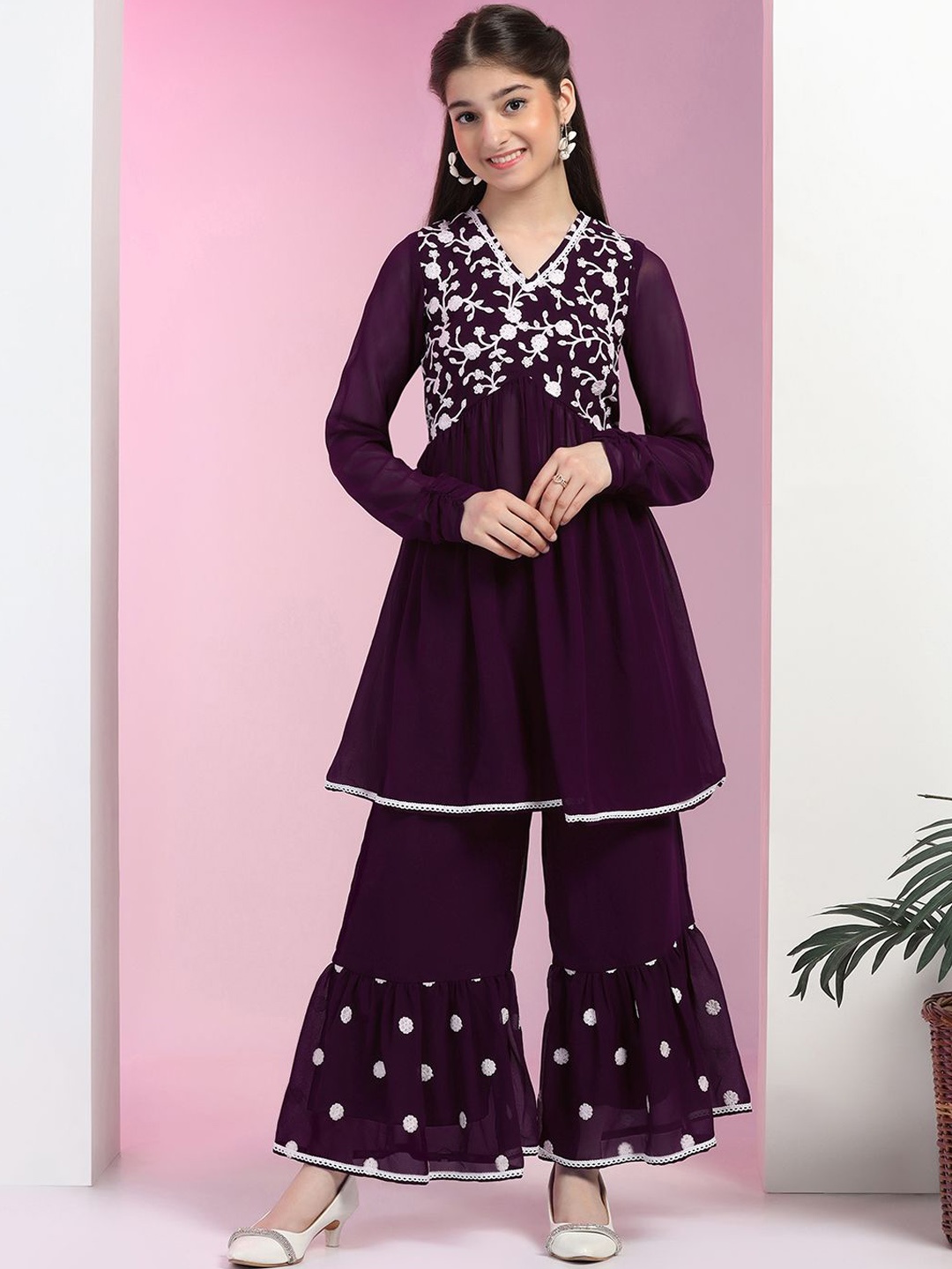 

Sangria Girls Purple Floral Embroidered Georgette V-Neck Empire Kurta With Sharara