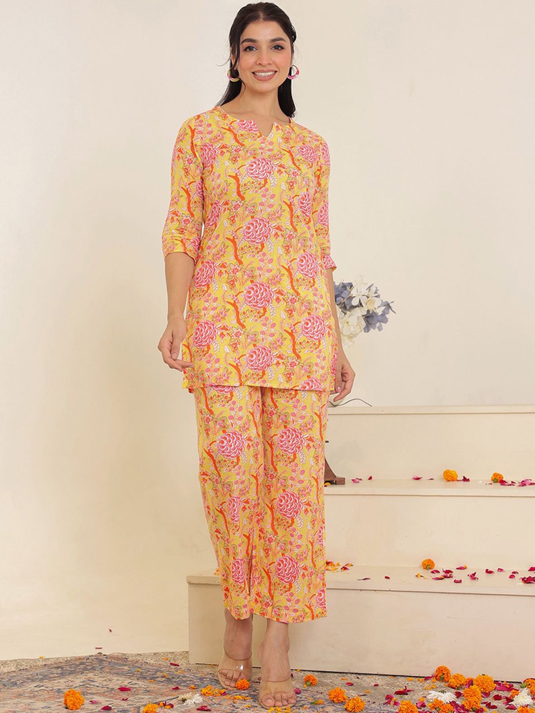 

GULAB CHAND TRENDS Ethnic Motifs Printed Pure Cotton Notch Neck Tunic With Trousers, Yellow