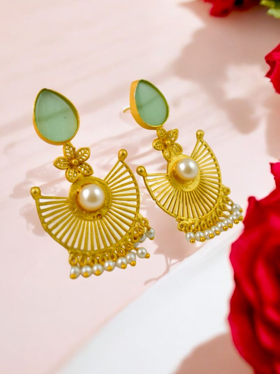 

TISHUL JEWELS Gold-Plated Stones Studded And Beaded Contemporary Shaped Drop Earrings