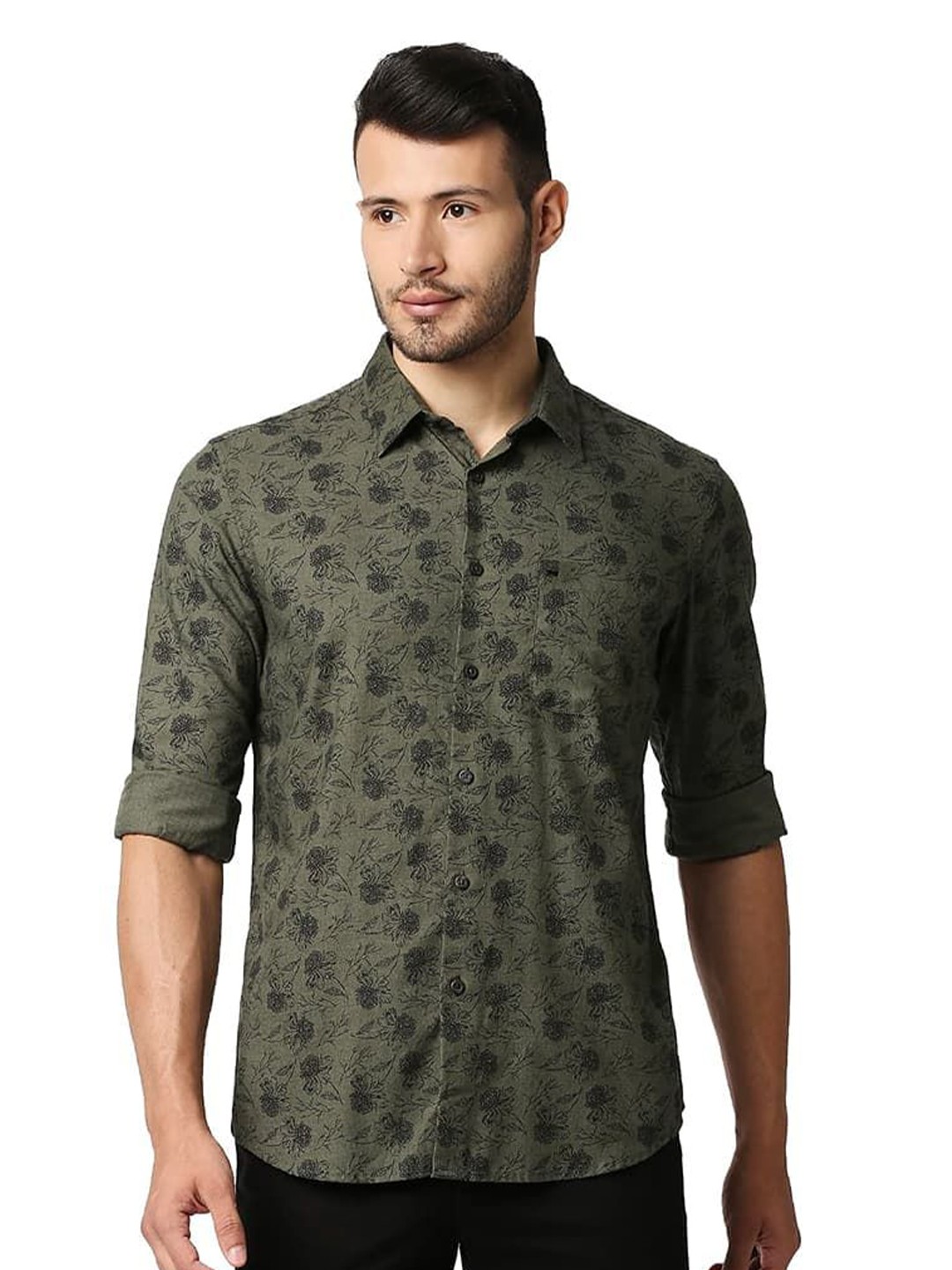 

Basics Men Relaxed Fit Spread Collar Floral Printed Cotton Casual Shirt, Olive