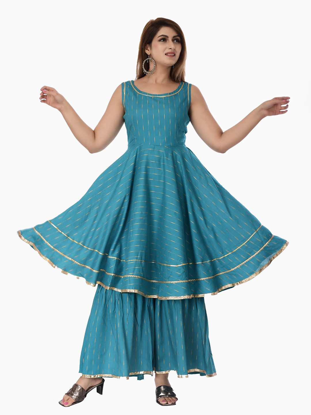 

Clothy N Wave Striped Pleated Gotta Patti Round Neck Anarkali Kurta With Sharara, Teal