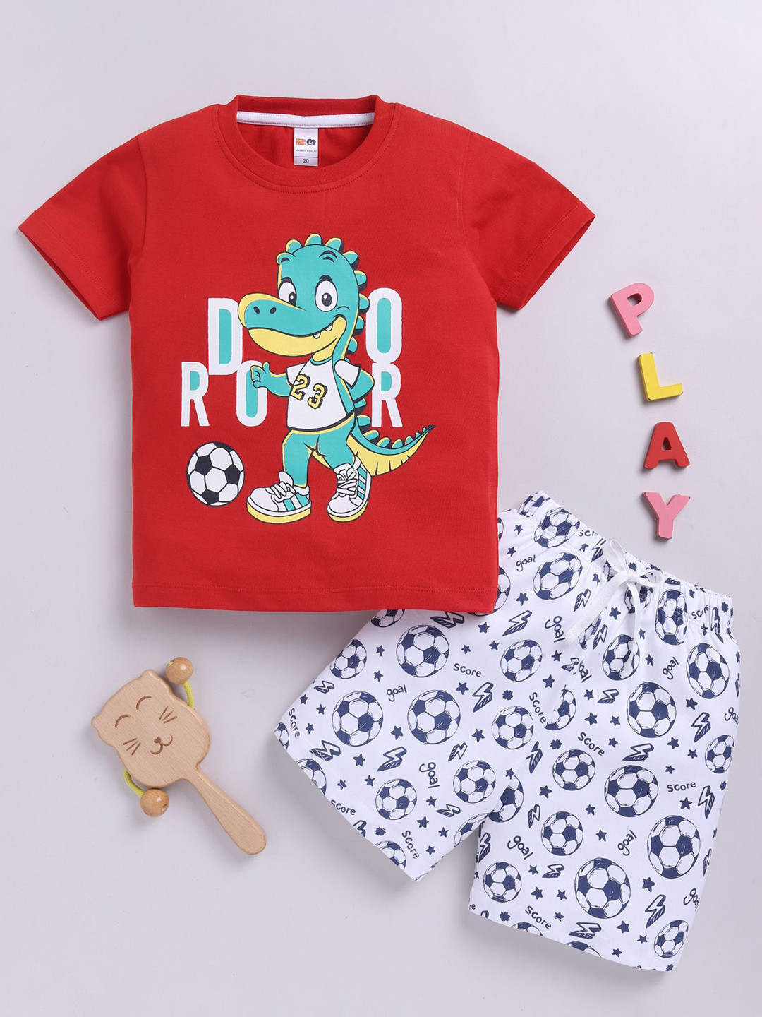 

LITTLE NINJA Boys Printed Round Neck Pure Cotton T-Shirt With Shorts, Red