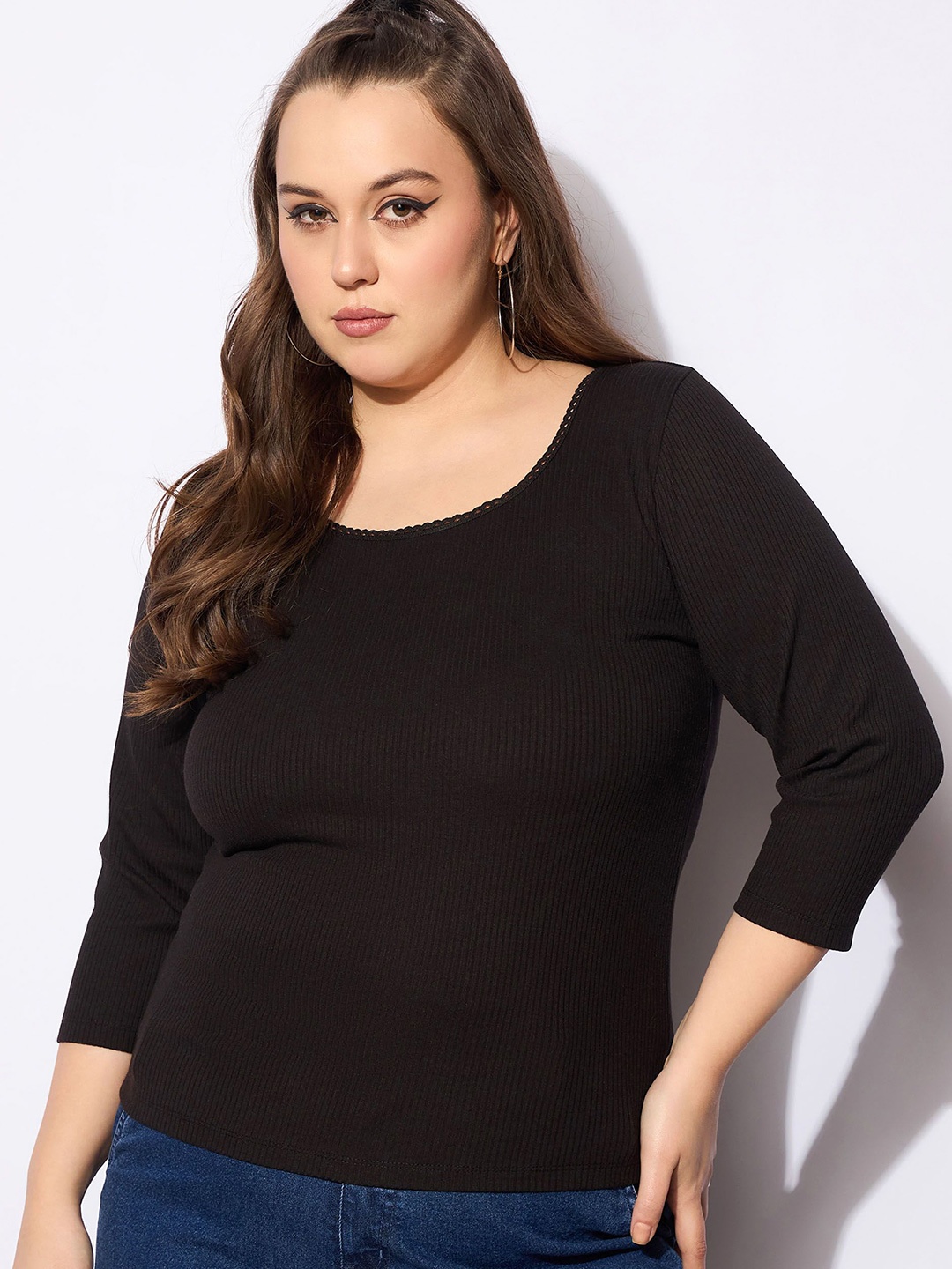

SASSAFRAS Curve Women Plus Size Ribbed Fitted Top, Black