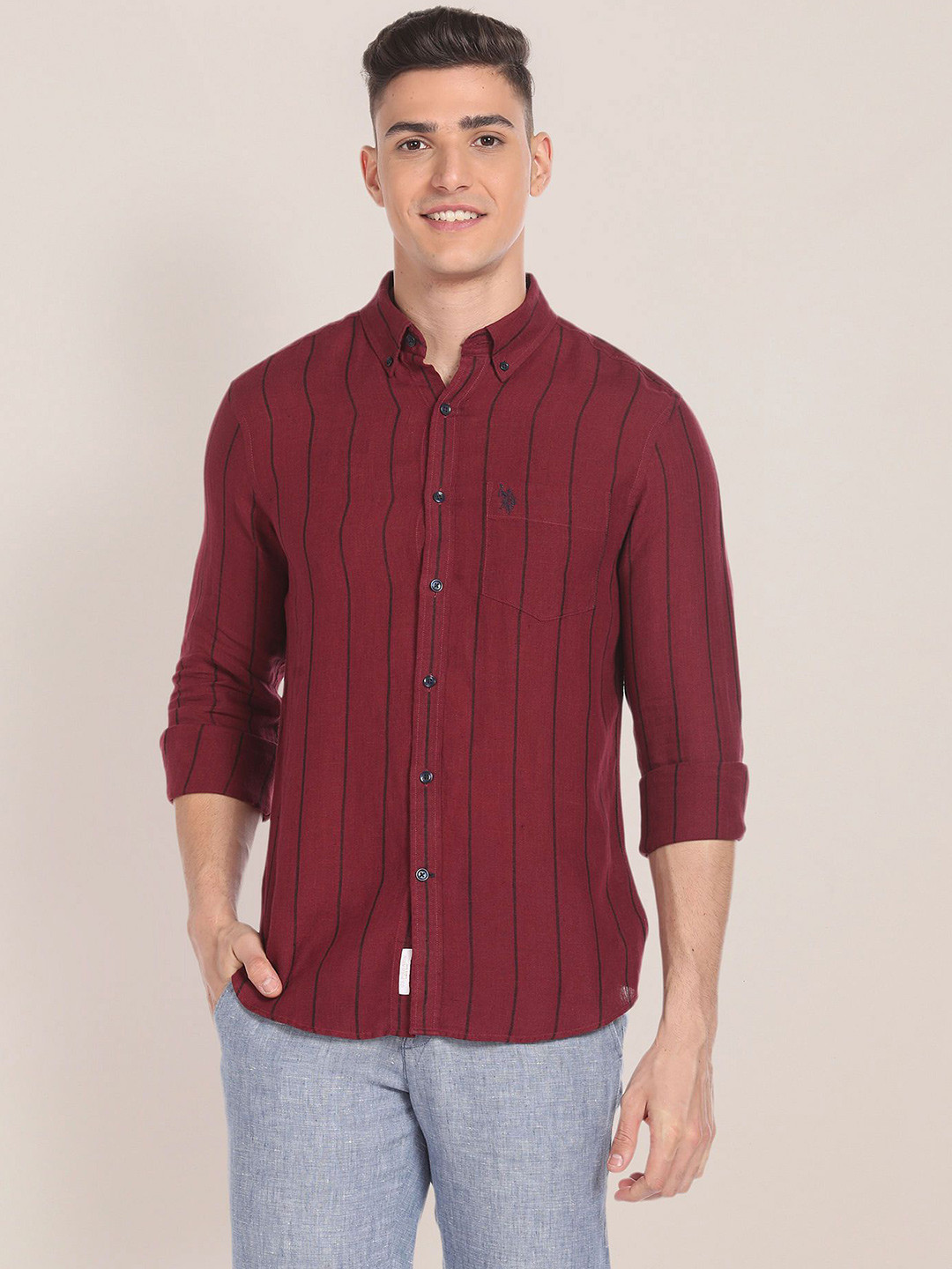 

U.S. Polo Assn. Men Slim Fit Button-Down Collar Vertical Striped Linen Casual Shirt, Red