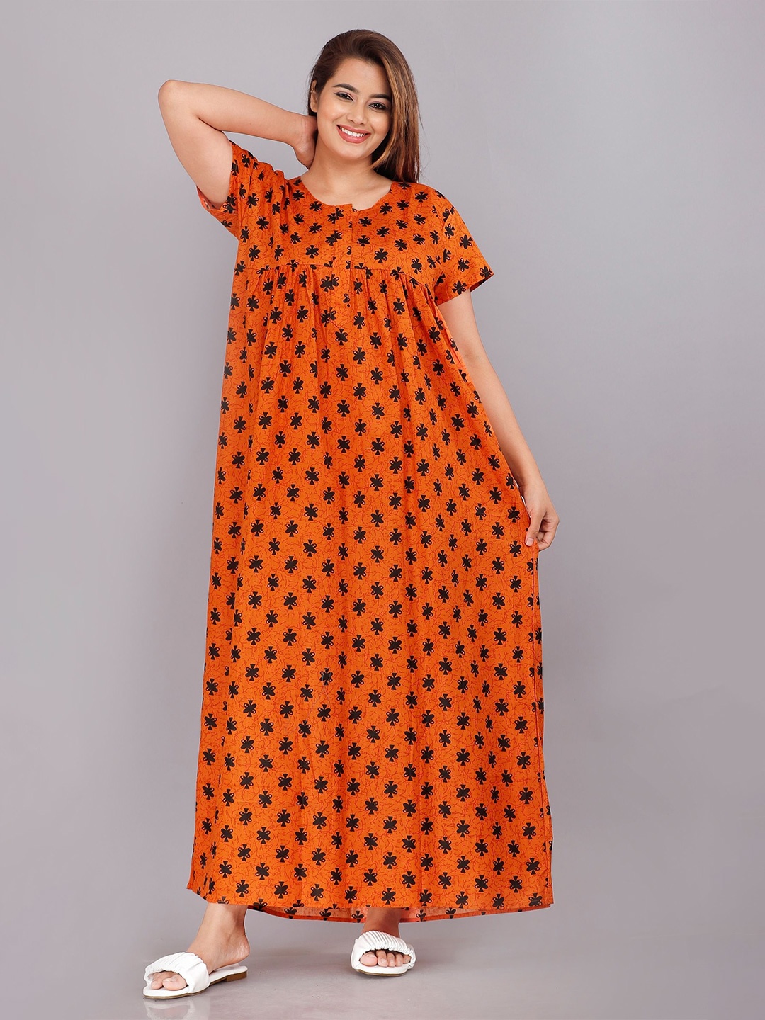 

PR PINK ROYAL Women Printed Pure Cotton Maxi Nightdress, Orange