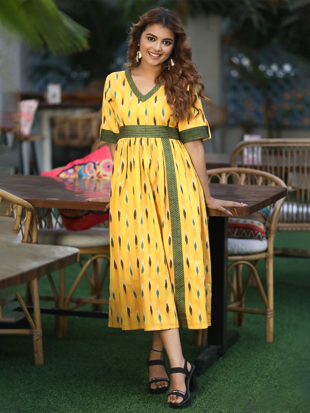 

Prasam Women Cotton Printed Empire Midi Dress, Yellow