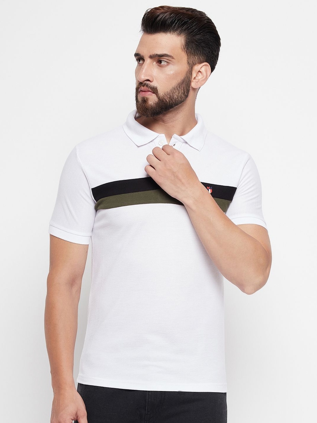 

NYKER Men Striped Polo Collar Cotton T-shirt, White