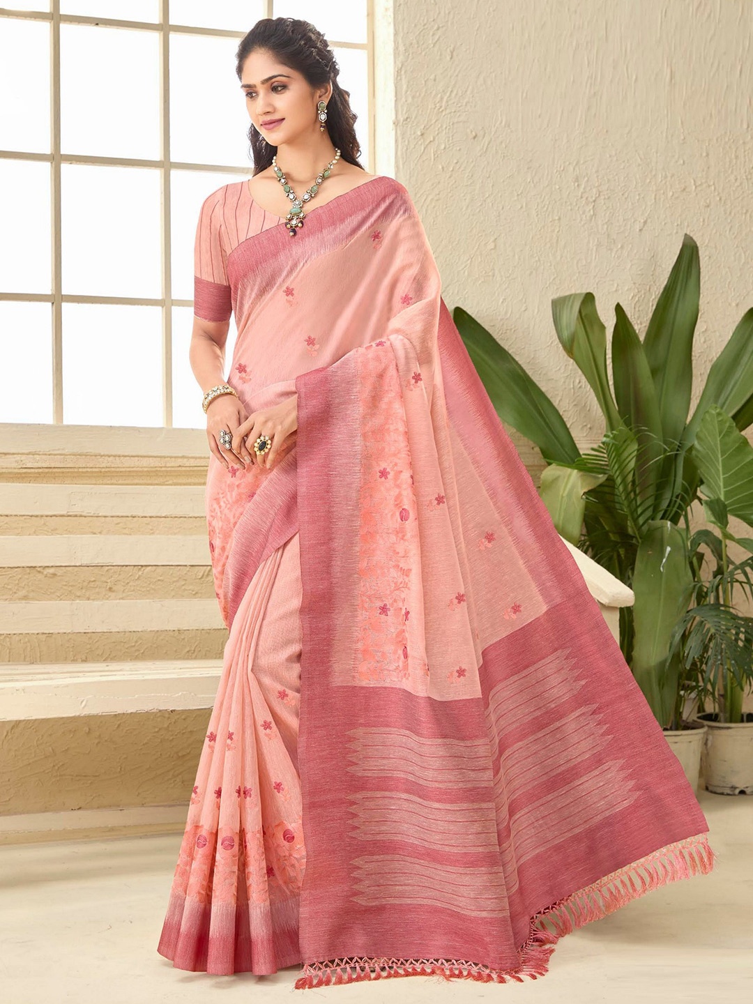 

MAHALASA Woven Design Pure Cotton Saree, Peach