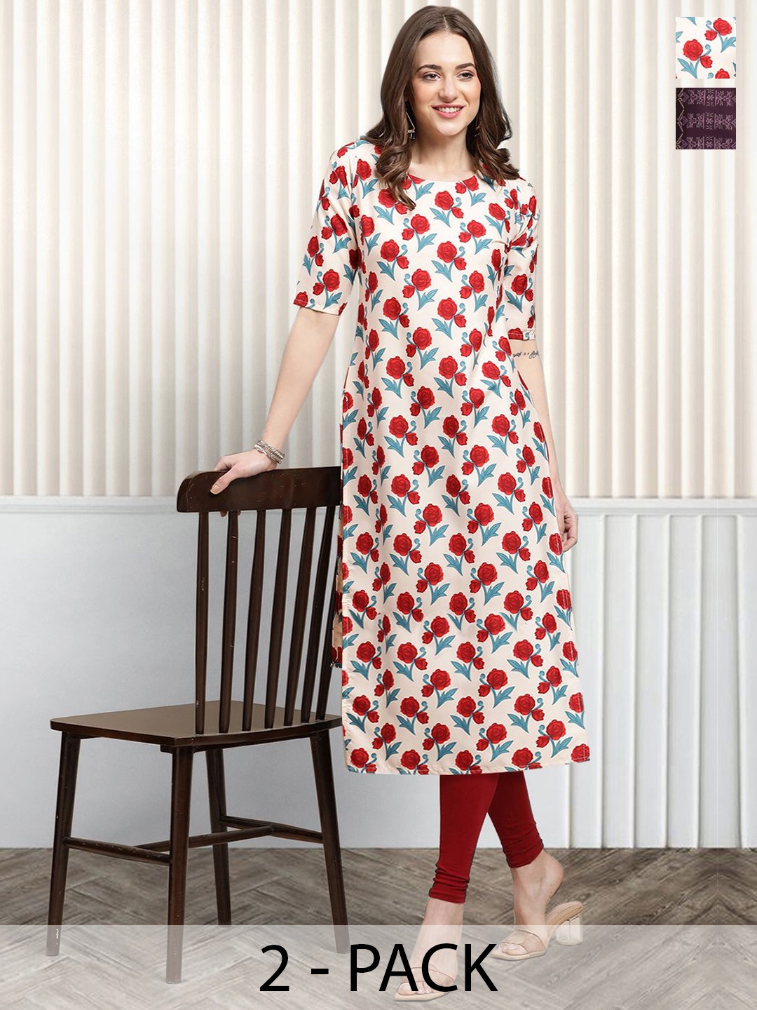 

Moda Rapido Pack of 2 Printed Round Neck Straight Kurtas, White