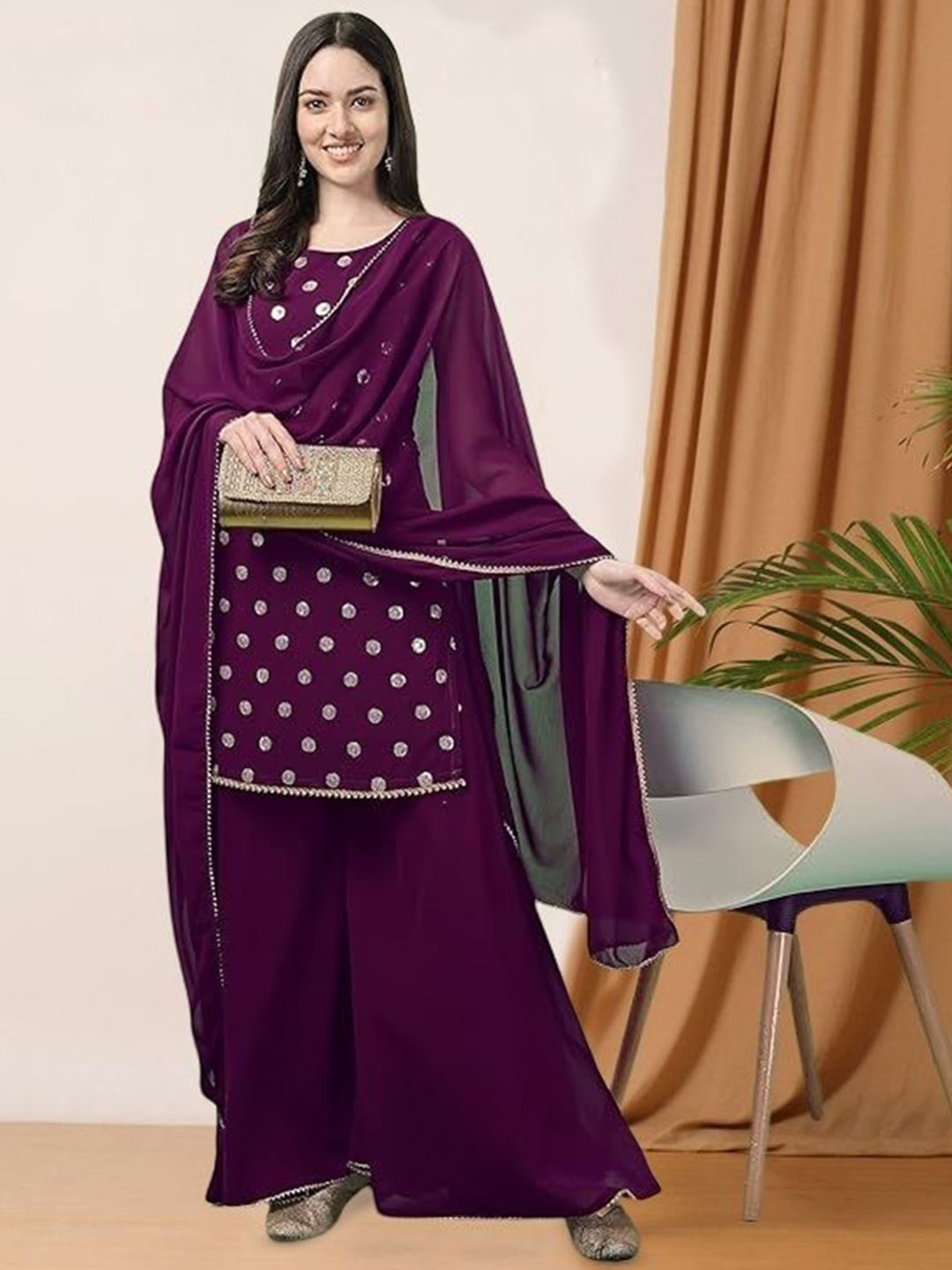 

PARROT CREATION Polka Dot Printed Gotta Patti Round Neck Kurti With Sharara & Dupatta, Purple