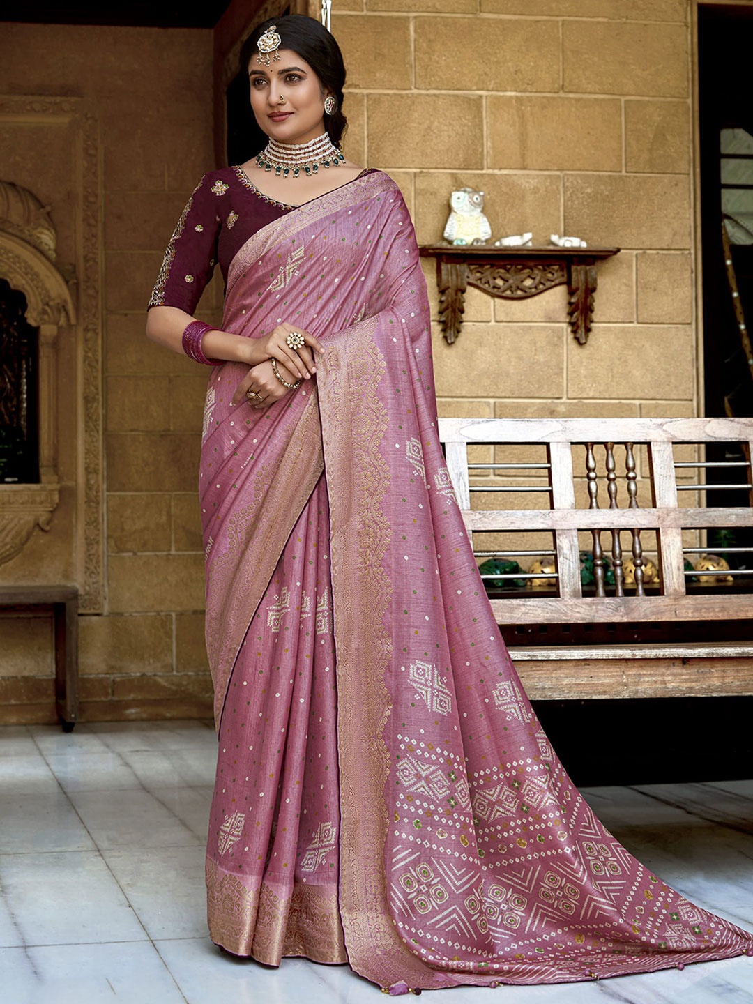 

NIRMAL CREATION Bandhani Printed Zari Pure Georgette Saree, Pink