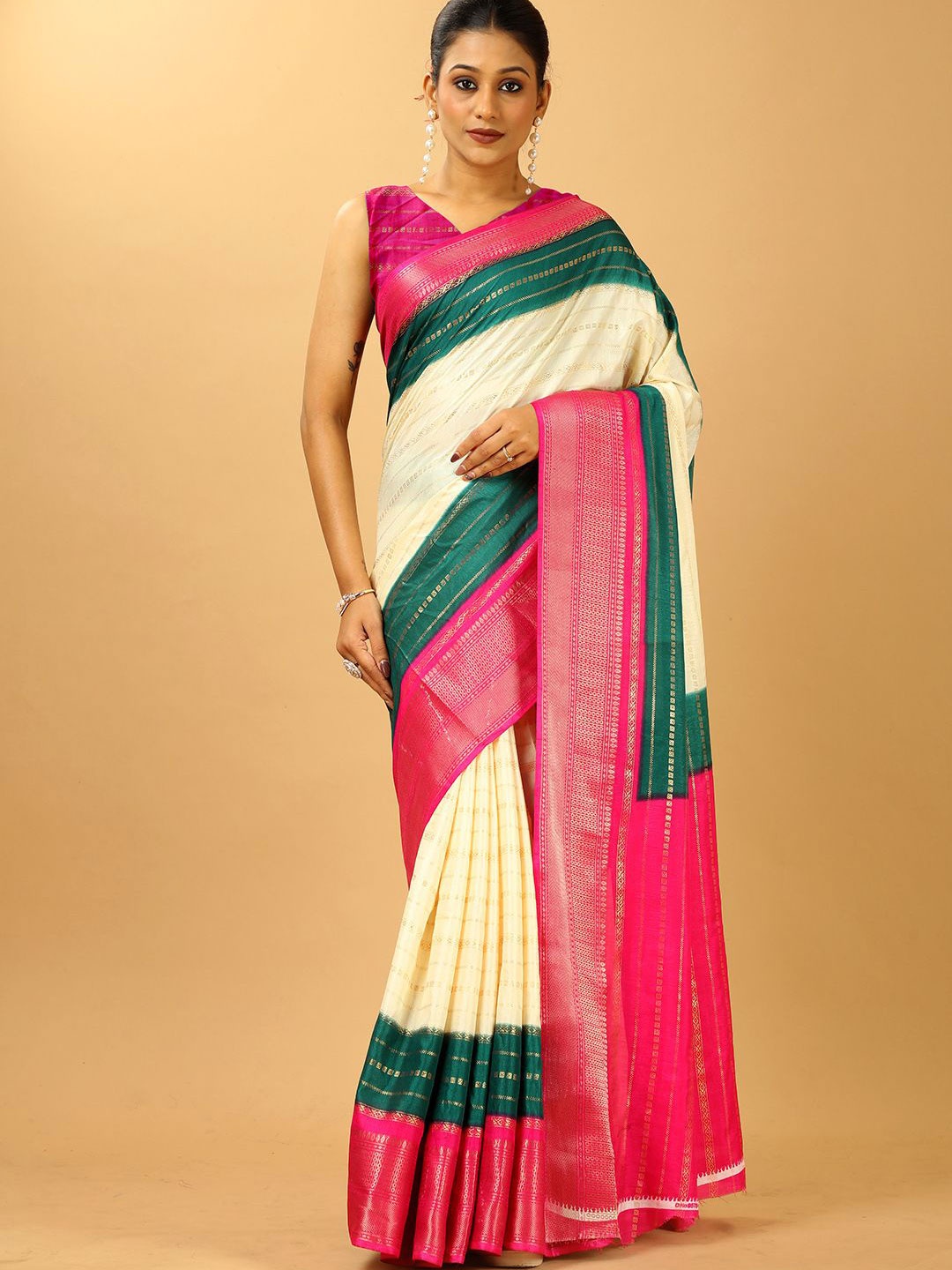 

NIRMAL CREATION Ethnic Motifs Woven Design Zari Saree, White