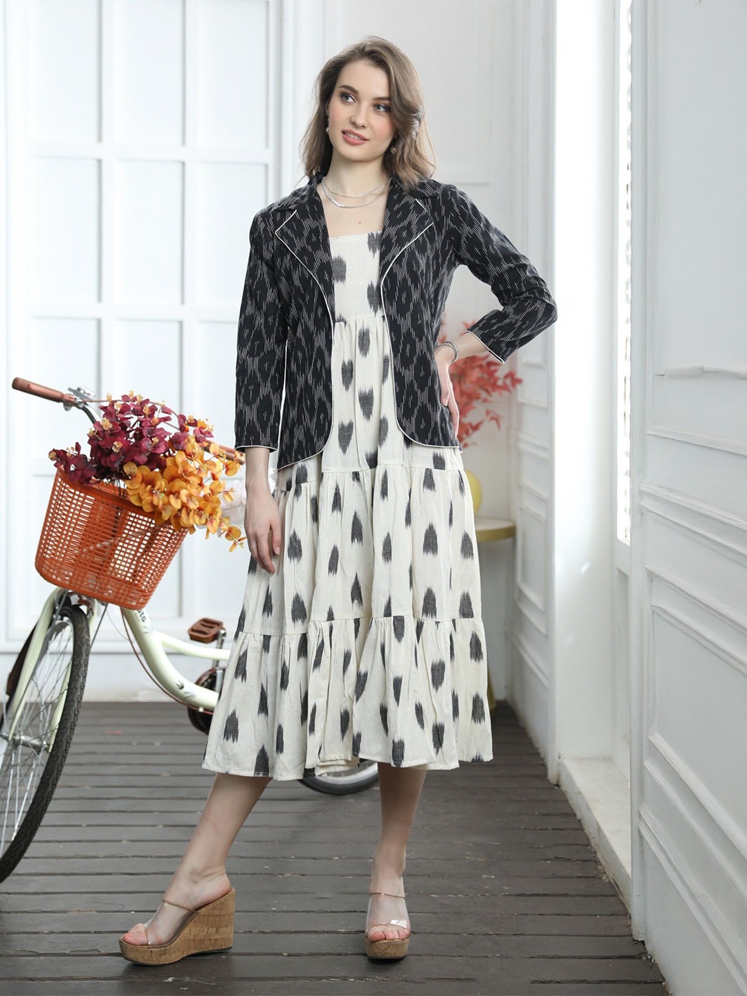 

Prasam Women Printed Midi Cotton A-Line Dress with Jacket, Off white