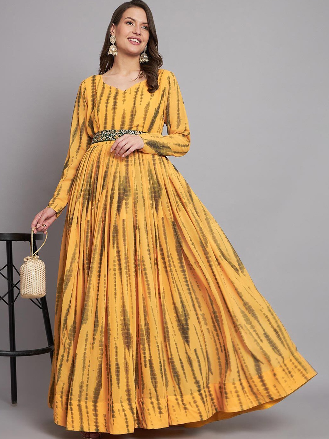 

Femvy Women Floral Printed Fit and Flare Ethnic Dresses, Yellow