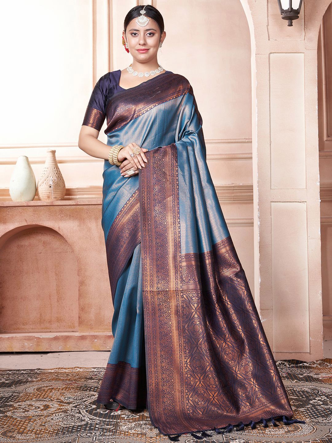 

LeeliPeeri Designer Woven Design Zari Silk Blend Kanjeevaram Saree, Blue