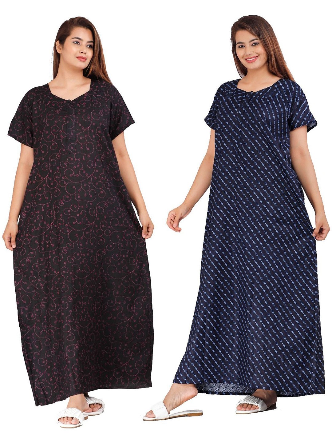 

PR PINK ROYAL Women Pack of 2 Printed Maxi Nightdress, Blue