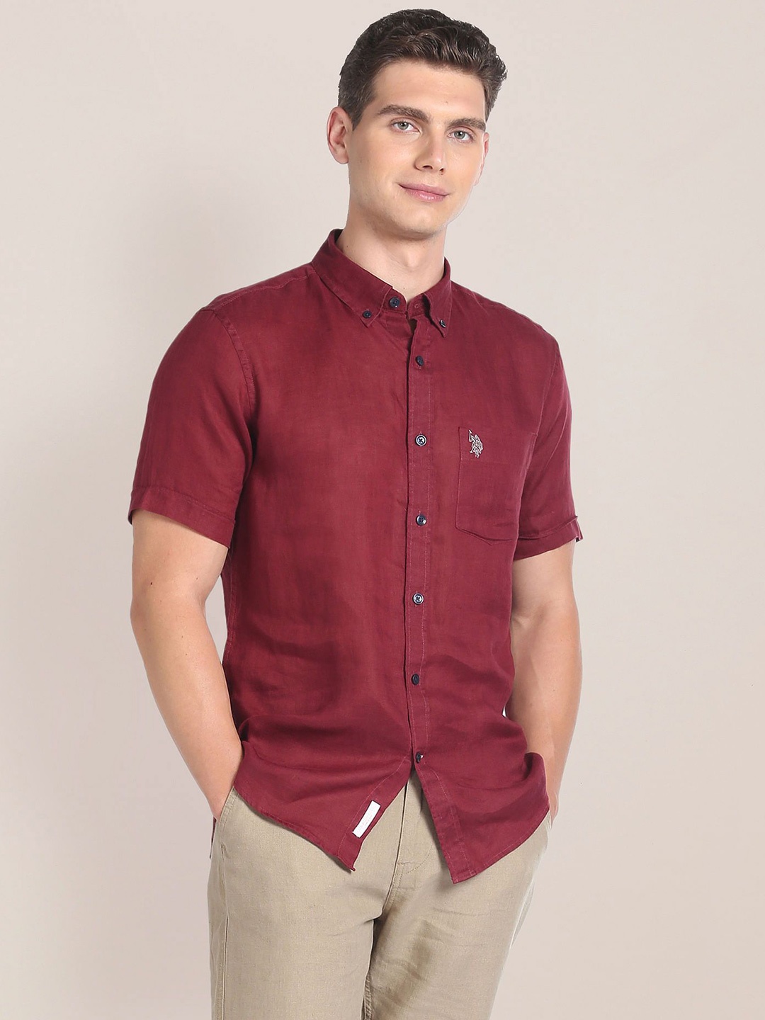 

U.S. Polo Assn. Men Slim Fit Button-Down Collar Solid Linen Casual Shirt, Red