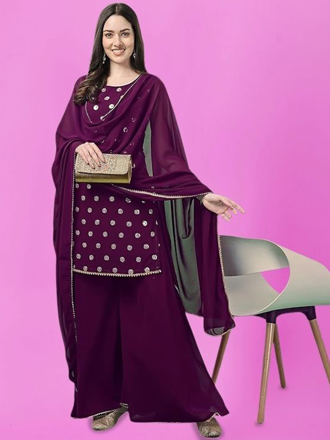 

PARROT CREATION Geometric Embroidered Georgette Straight Kurti With Sharara & Dupatta, Purple