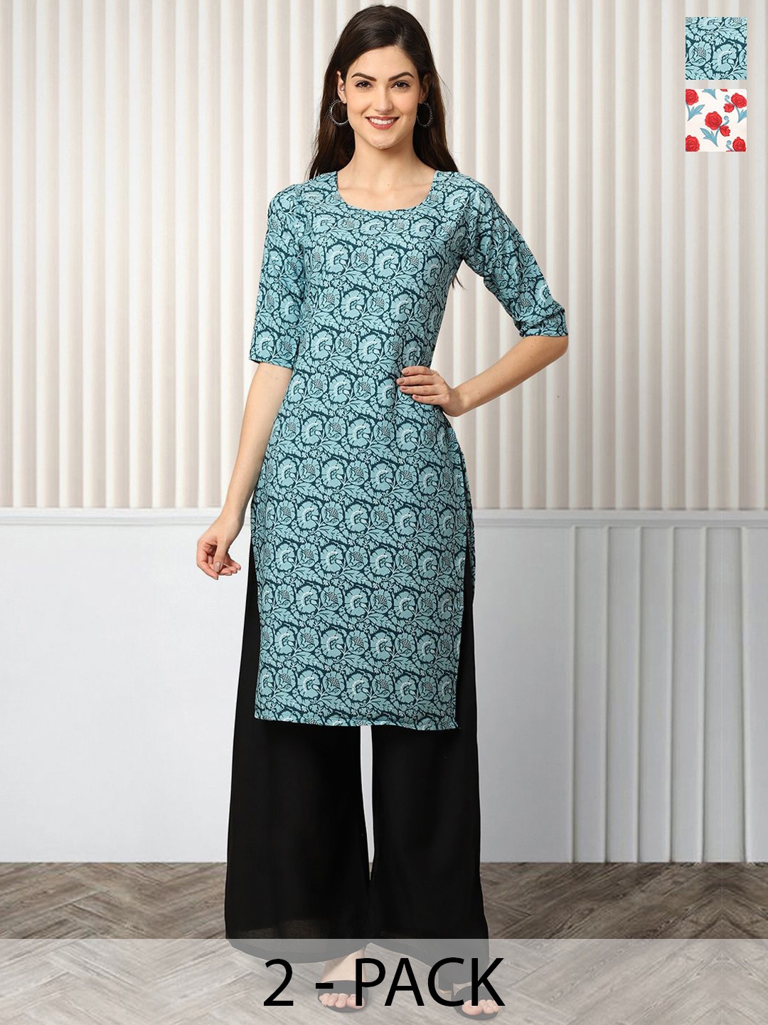 

Moda Rapido Pack of 2 Printed Round Neck Straight Kurtas, Blue