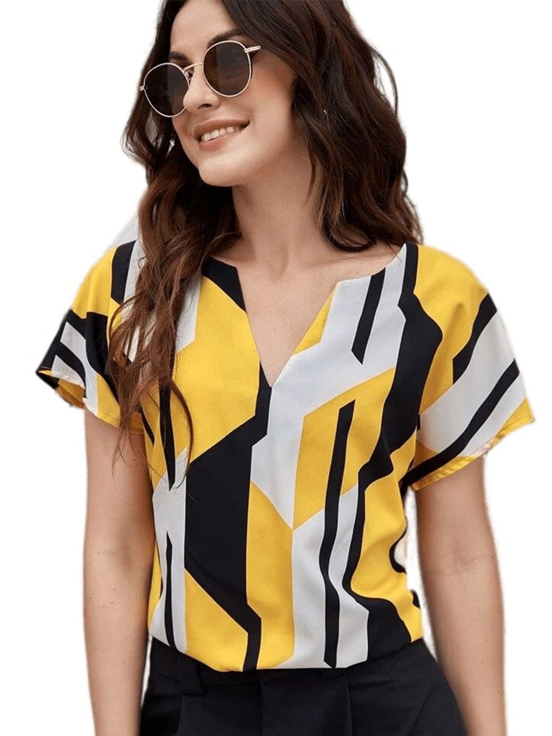 

classy fashion Printed V-Neck Top, Yellow