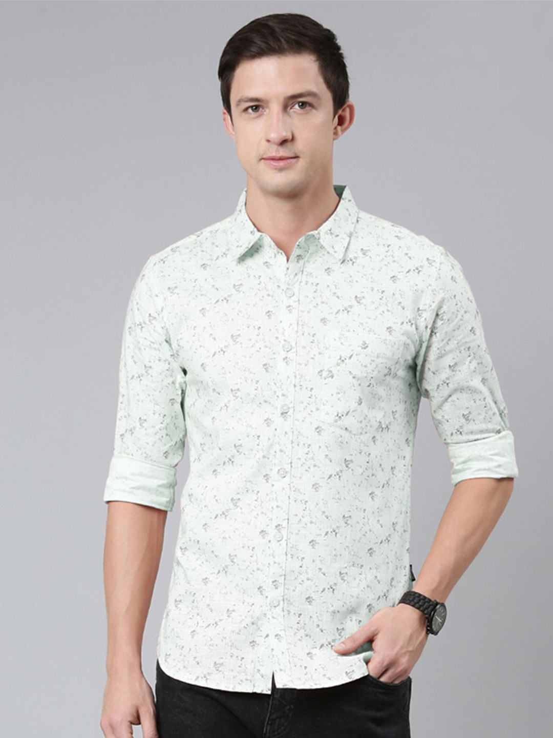 

Provogue Men Spread Collar Abstract Printed Cotton Casual Shirt, Green