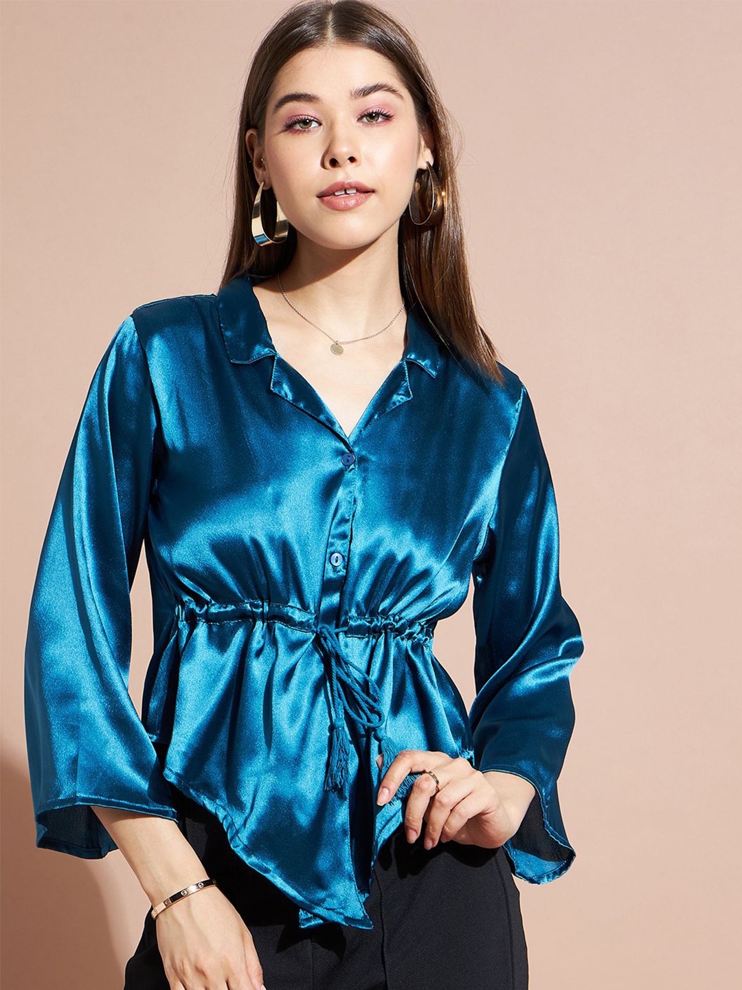 

DressBerry Shirt Collar Cinched Waist Crop Top, Teal