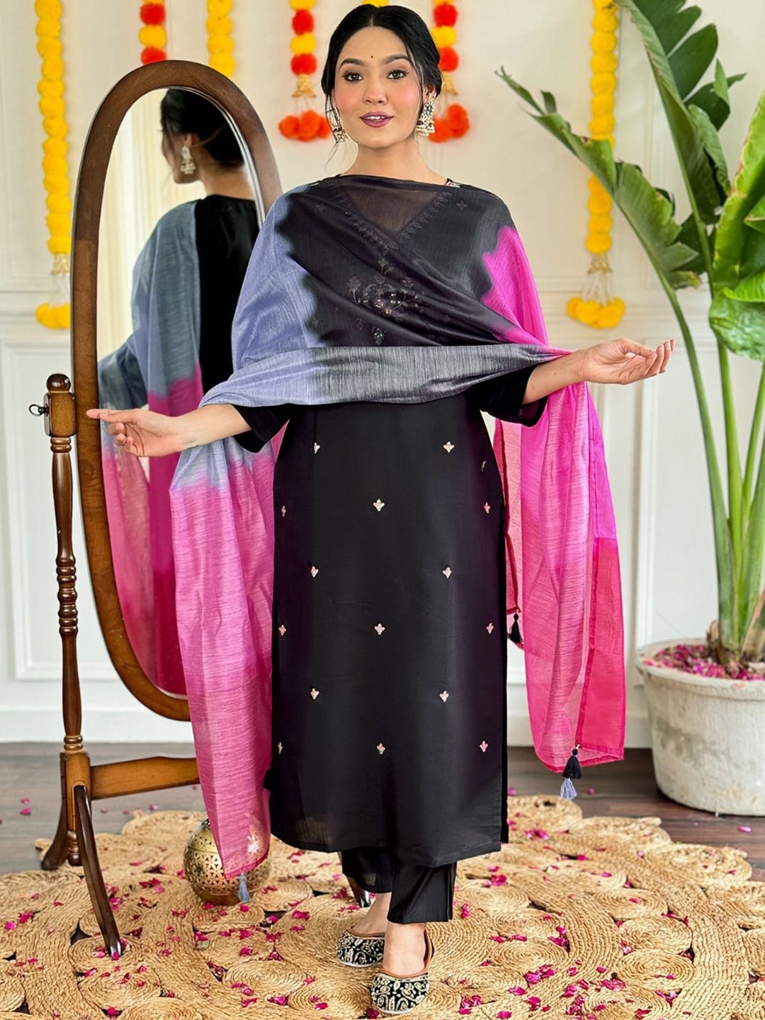 

KALINI Floral Embroidered V-Neck Straight Kurta With Trousers And Dupatta, Black