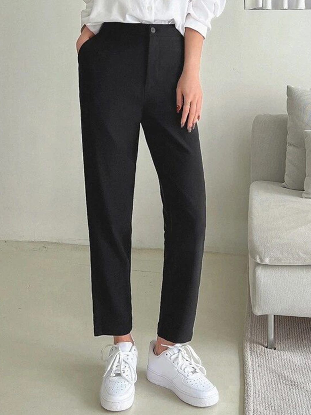 

FNOCKS Women Relaxed Straight Leg Straight Fit High-Rise Formal Trousers, Black