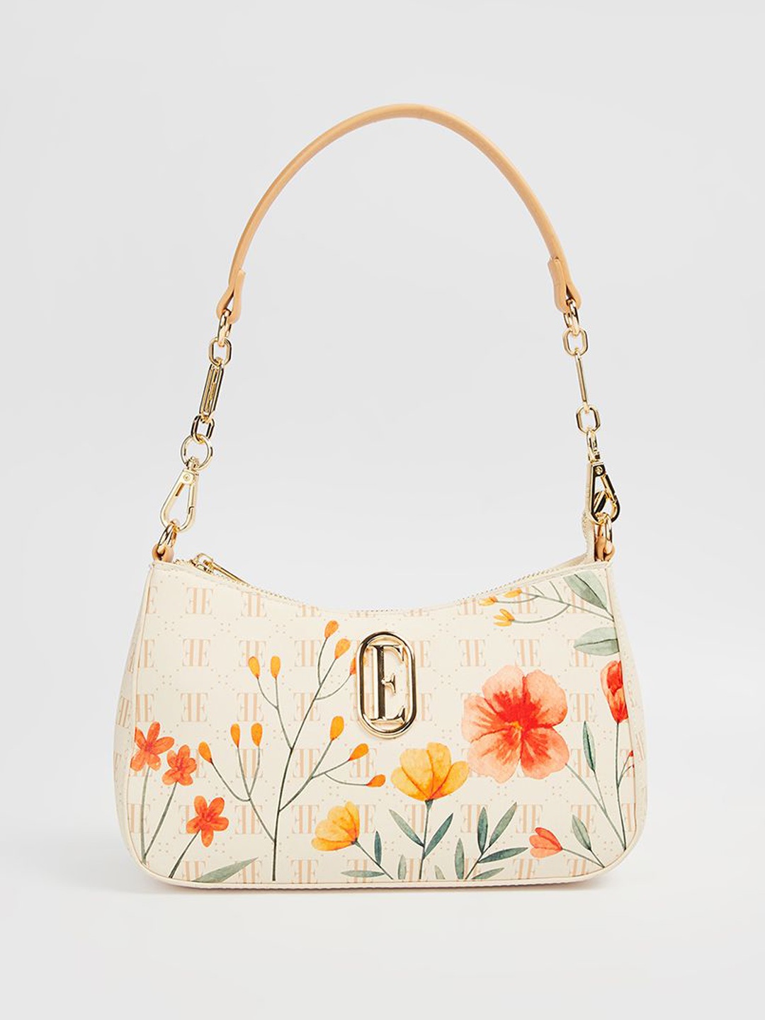 

ELLE Women Floral Printed Structured Shoulder Bag, Beige