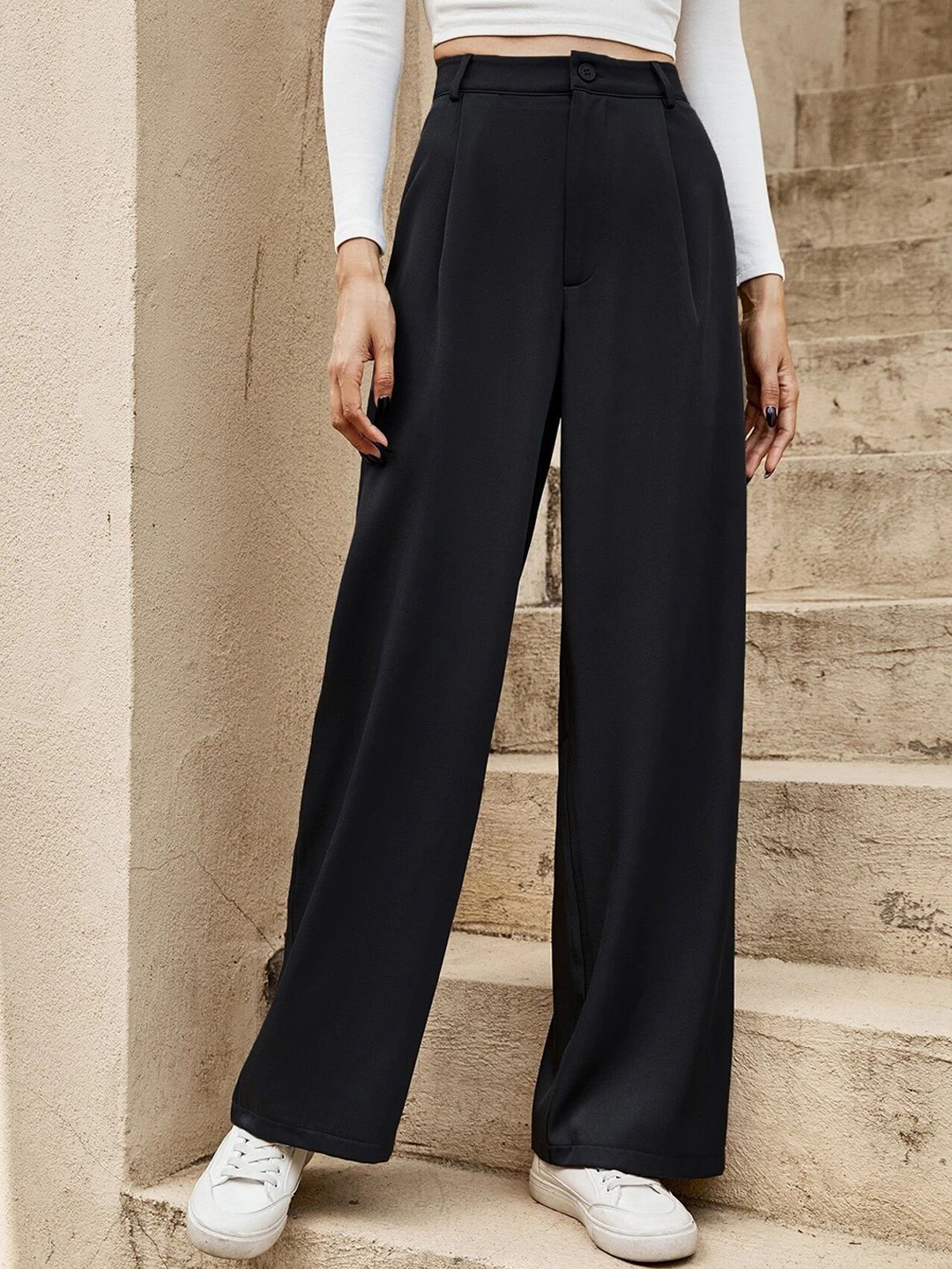 

FNOCKS Women Classic Straight Fit High-Rise Pleated Wide Leg Trousers, Black