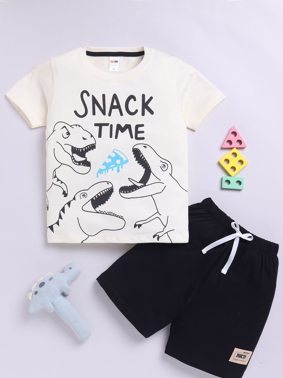 

LITTLE NINJA Boys Printed Round Neck Pure Cotton T-shirt With Shorts, Cream