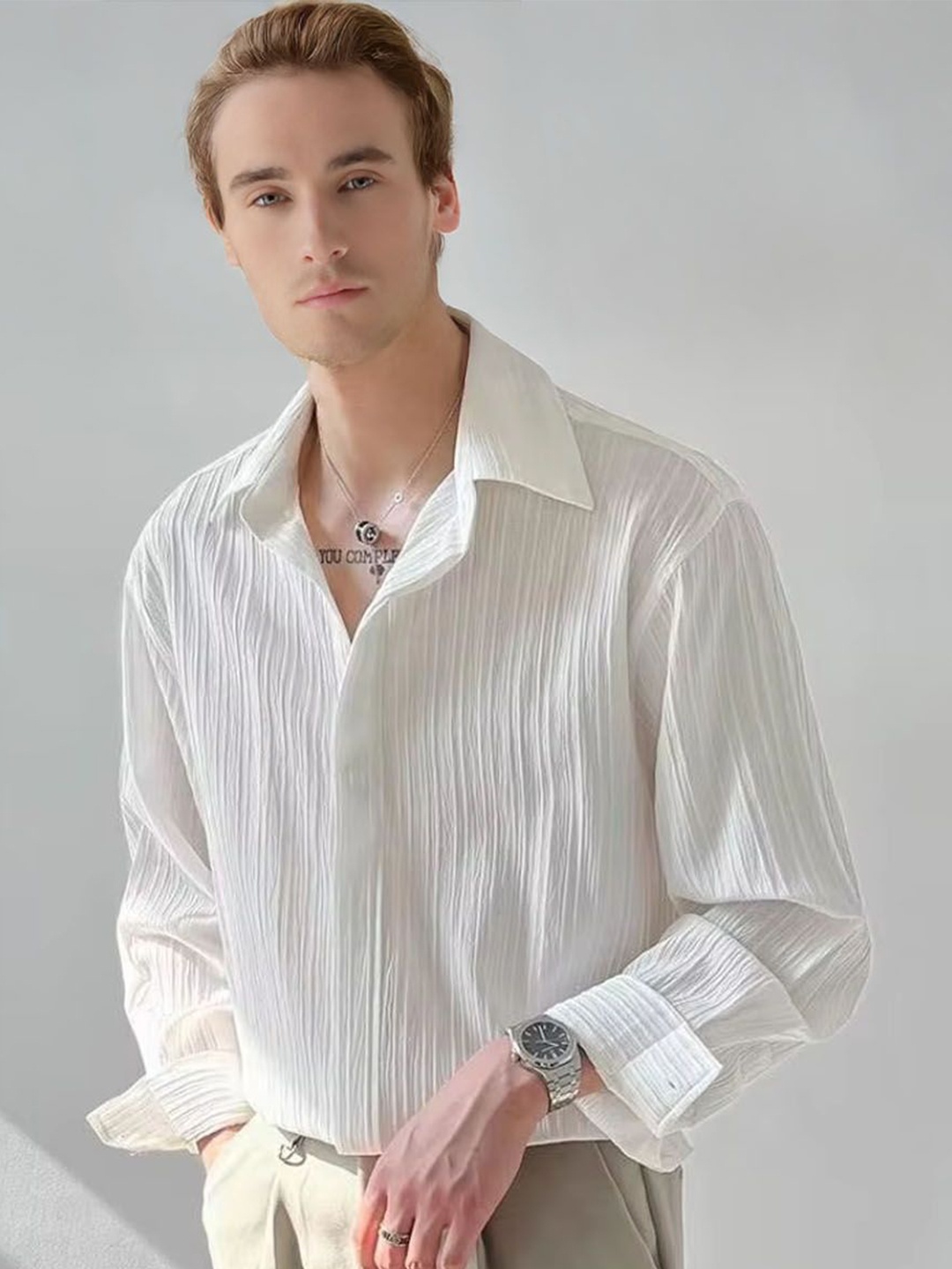

StyleCast Men Relaxed Fit Spread Collar Textured Casual Shirt, Off white