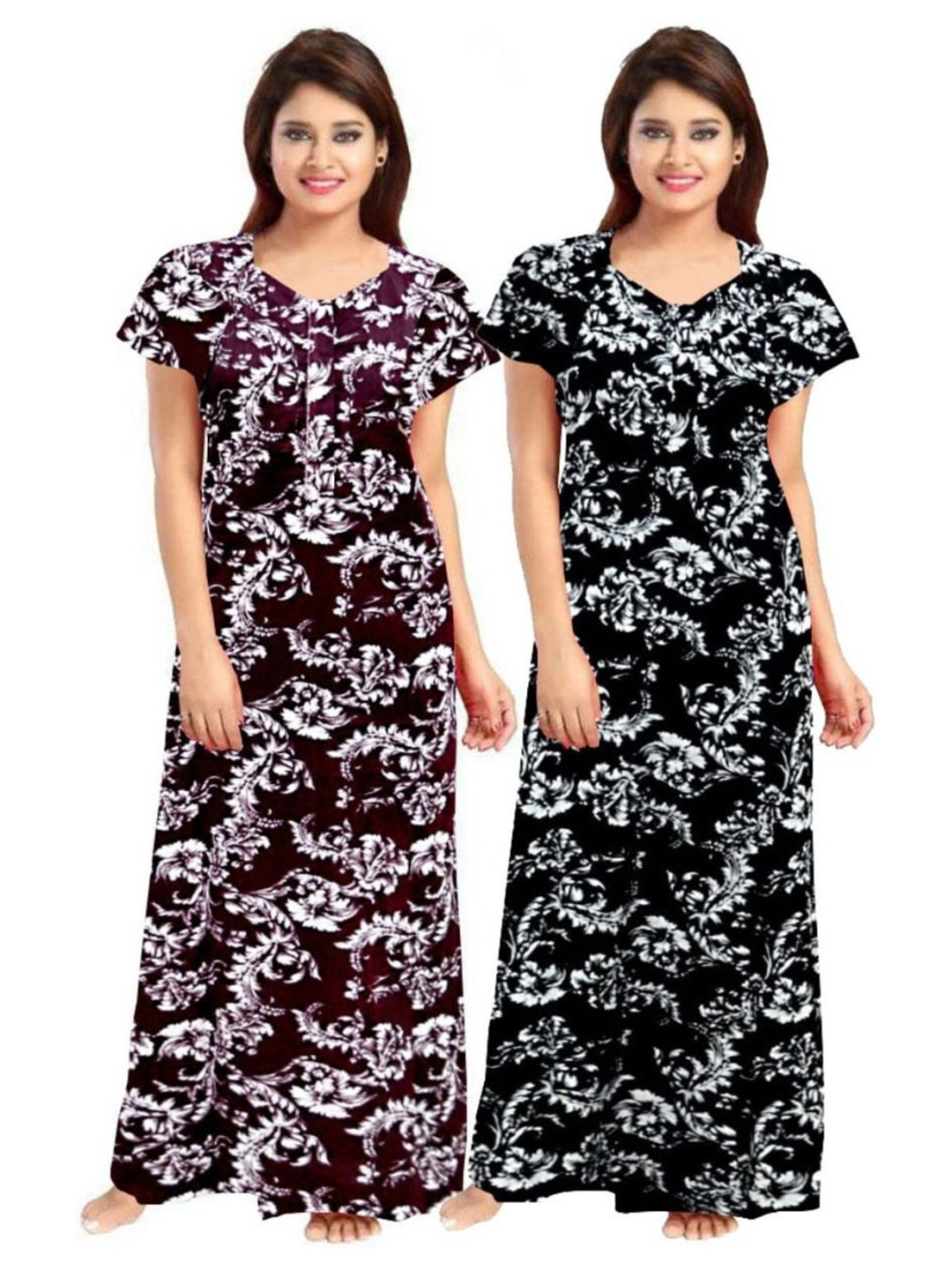 

PR PINK ROYAL Women Pack of 2 Printed Pure Cotton Maxi Nightdress, Black