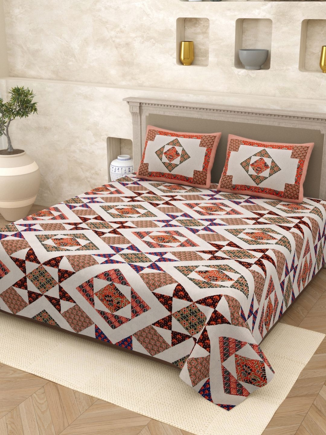 

Myntra Elegant Homes Opulent White Printed Pure Cotton 210 TC King Bedsheet Set 2.70x2.50m