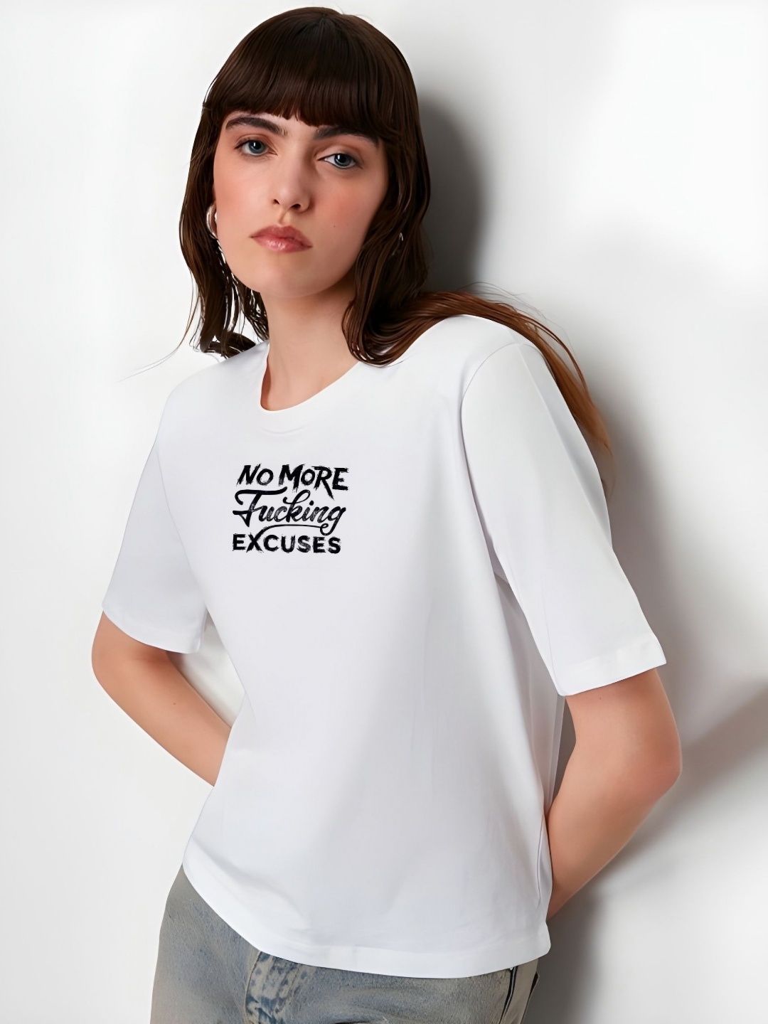 

Moda Rapido Women Typography Printed Round Neck Cotton Oversized T-shirt, White