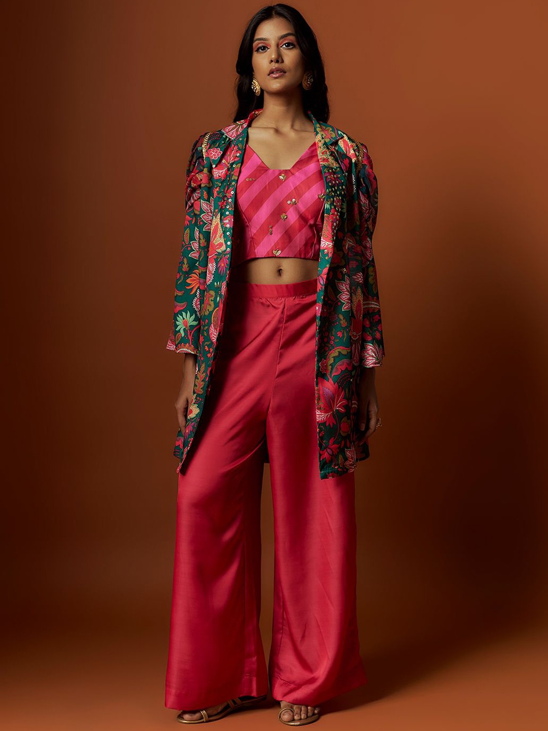 

Mystake By Meghna Shah Embroidered Cropped Top With Palazzo And Jacket, Pink