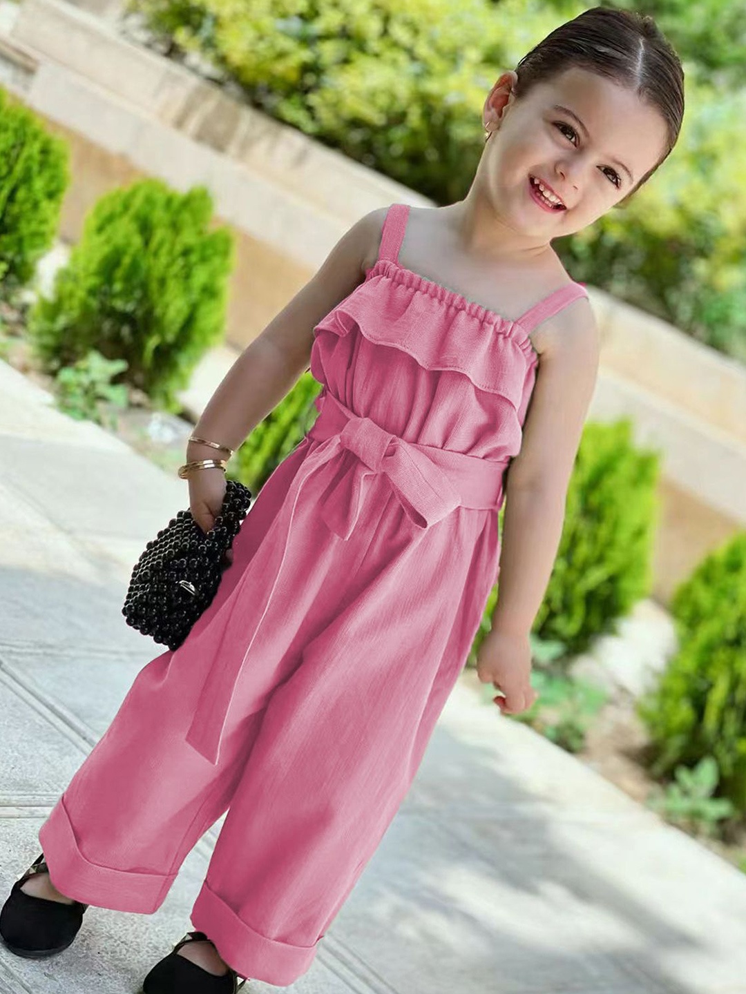

StyleCast x Revolte Girls Shoulder Straps Cotton Basic Jumpsuit With Waist Tie-Ups, Pink