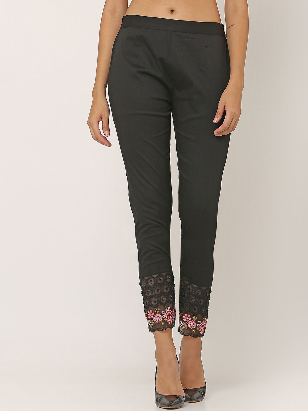 

FLOREOS Women Embroidered Comfort Easy Wash Trousers, Black