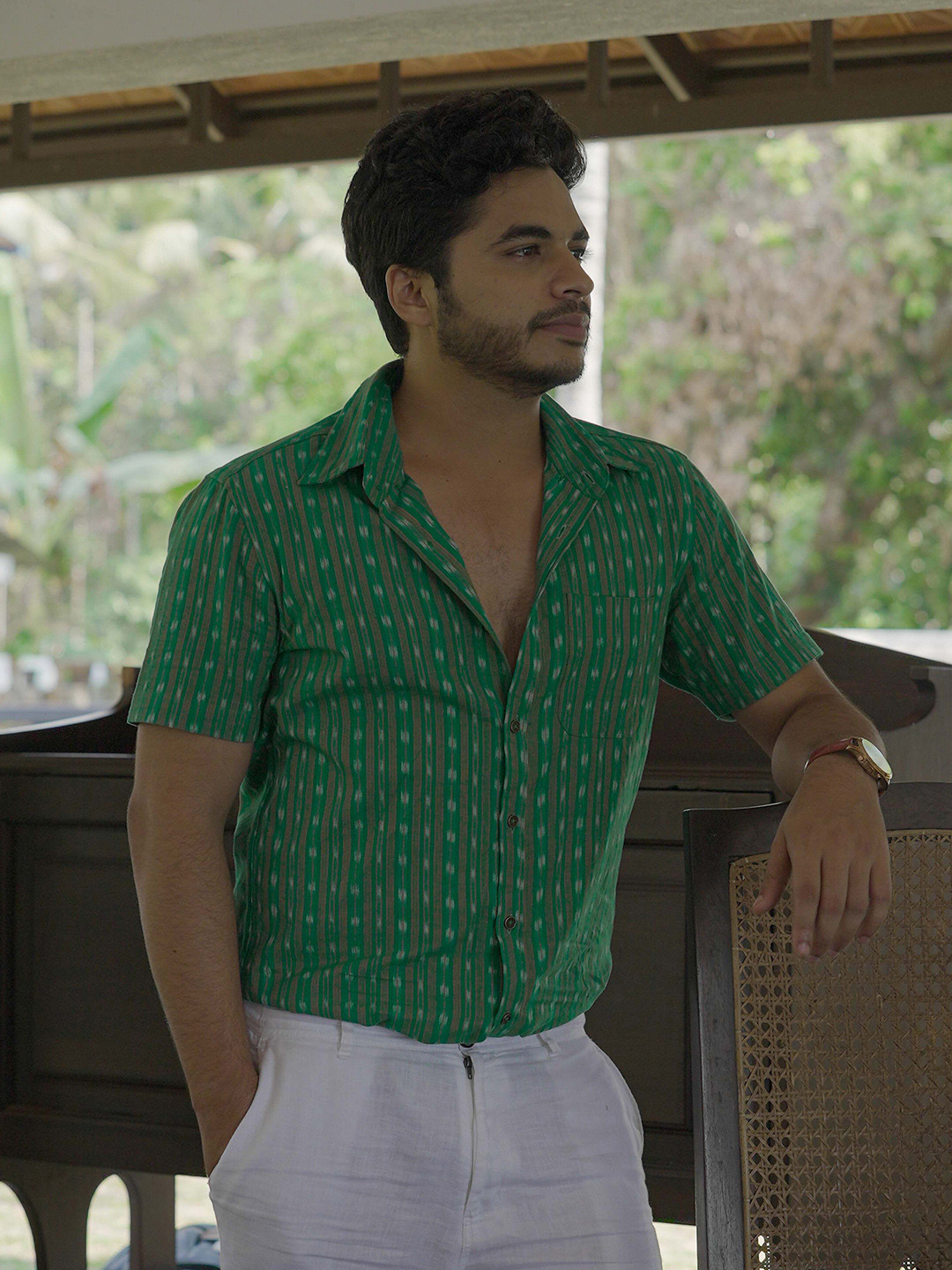 

Seamstress Men Classic Fit Spread Collar Vertical Striped Cotton Casual Shirt, Green