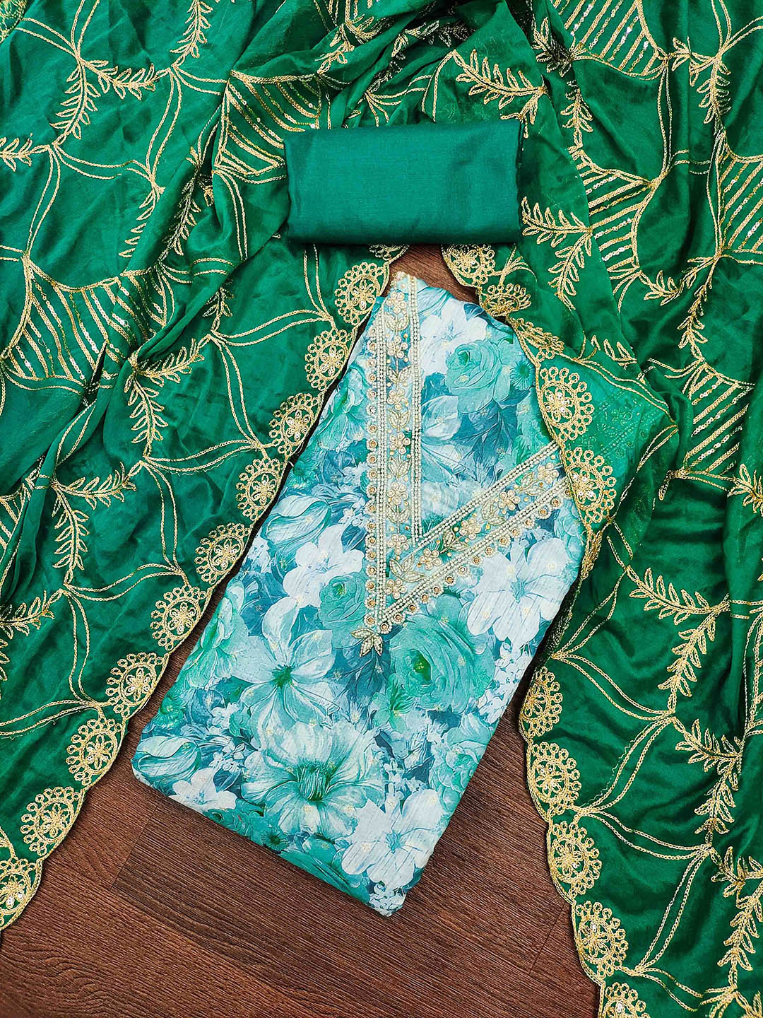 

KALINI Floral Printed Beads and Stones Unstitched Dress Material, Green